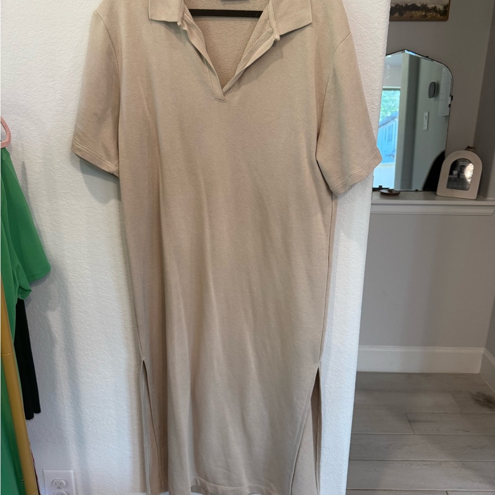 Short-Sleeve Polo Shirt Dress in Beige